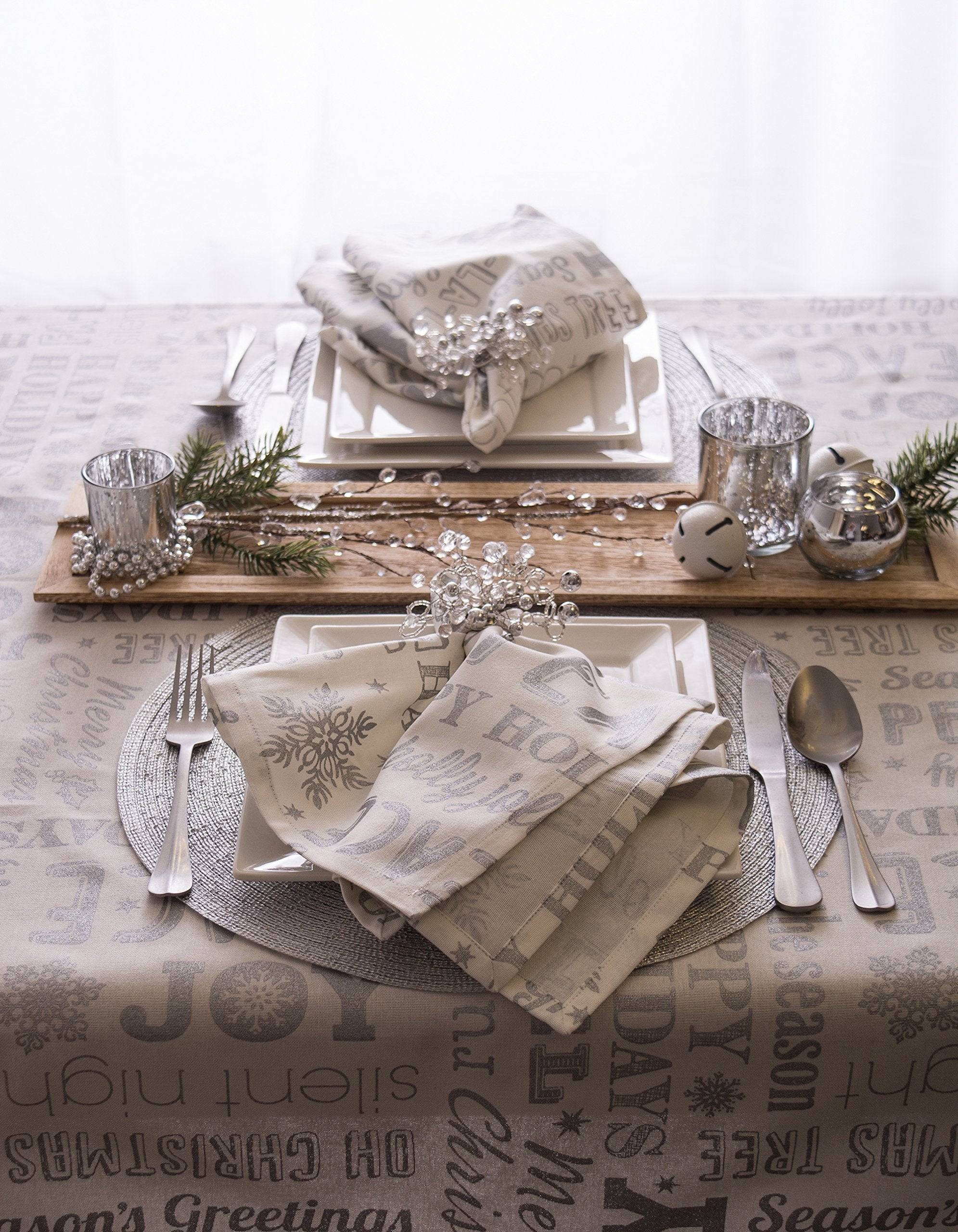 Dii Holiday Dining Table Linen Metallic Fabric Kitchen D  Cor, Christmas Tablecloth, 52X52, Silver Holiday Collage